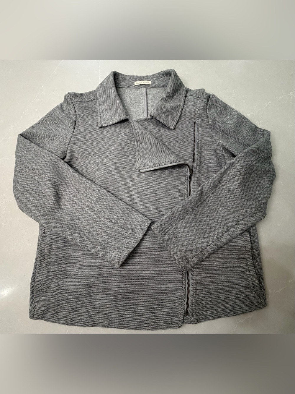 Eileen Fisher Organic Cotton Herringbone Moto Jacket Grey Asymmetric Zip